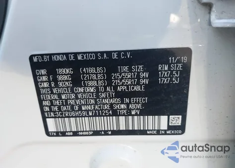 2020 Honda Hr-V Awd Ex из США, поврежденный, VIN 3CZRU6H59LM711254